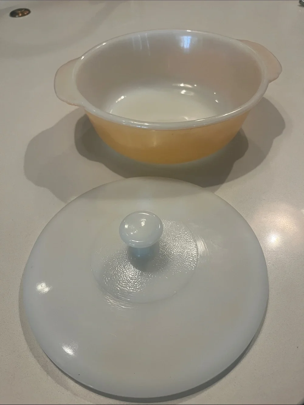 Vintage-Style Fire-King Peach Lustre Covered Casserole Dish with White Lid